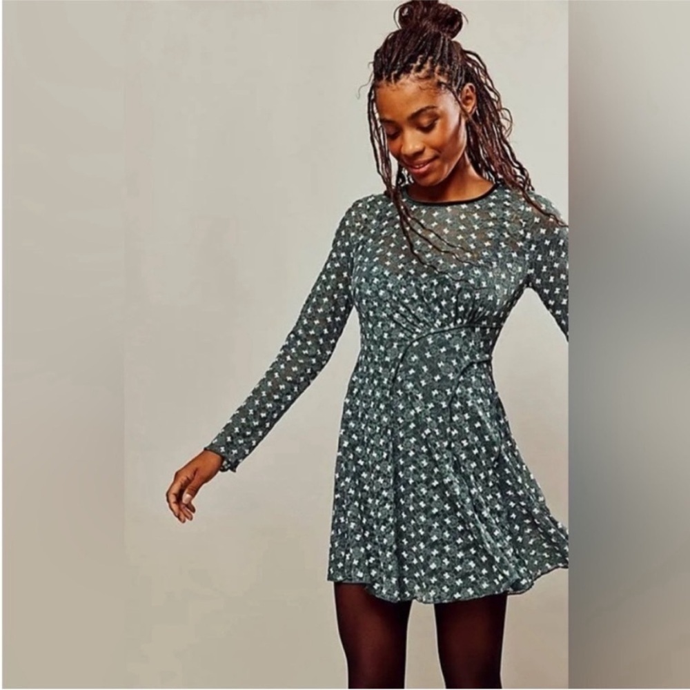 NEW Free People Sheer Delight Mini Dress in Green  Combo Lace Dress